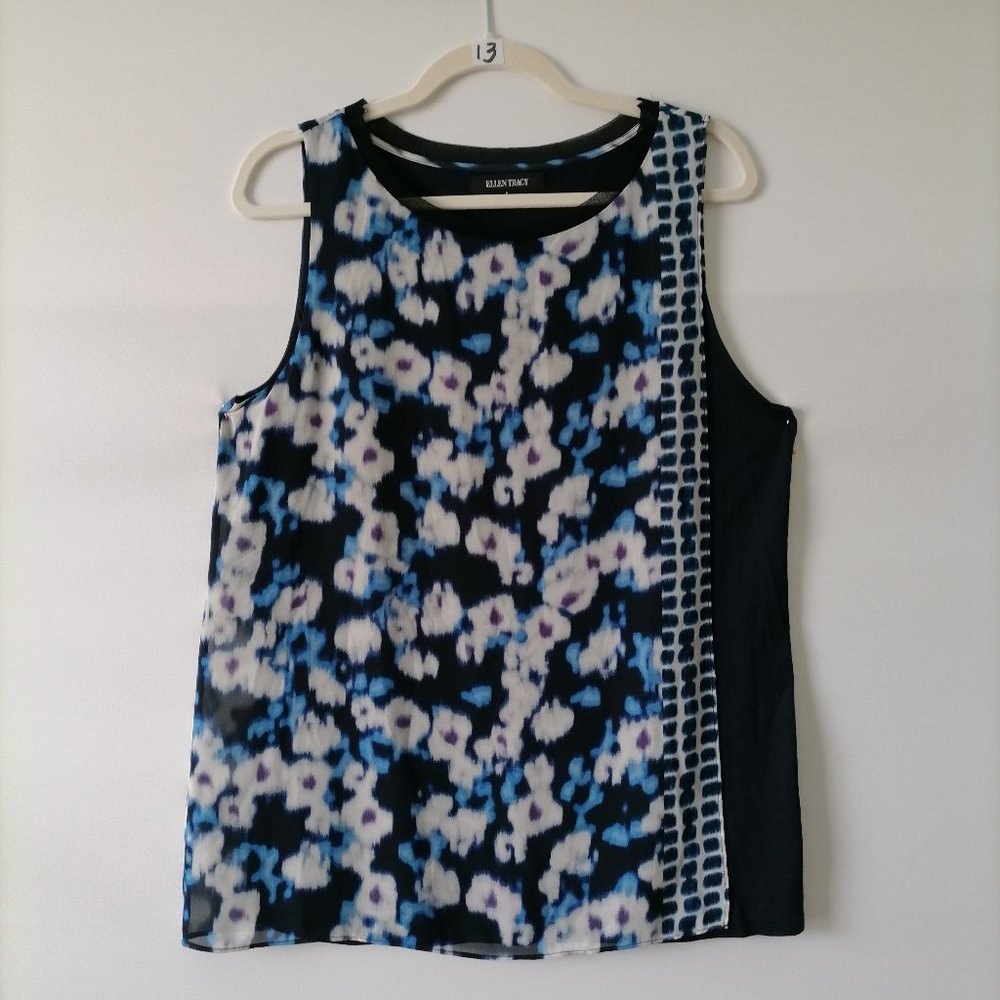 Ellen Tracy Womens Floral Printed Sleeveless Crew Neck Tank Tunic Top Size L